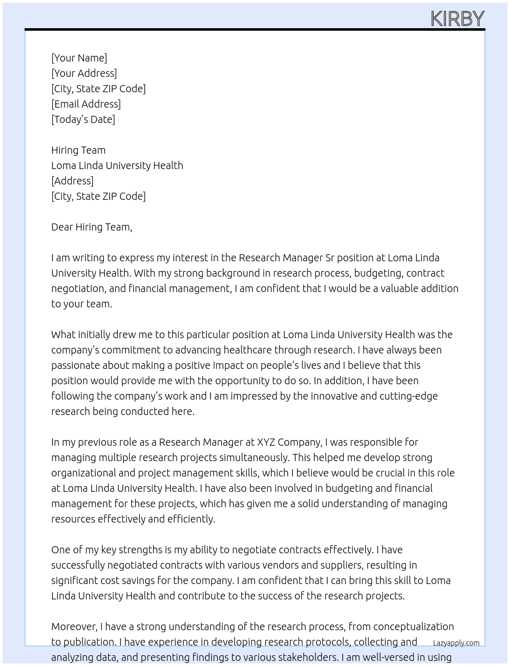 Research Manager Sr At Loma Linda University Health Cover Letter