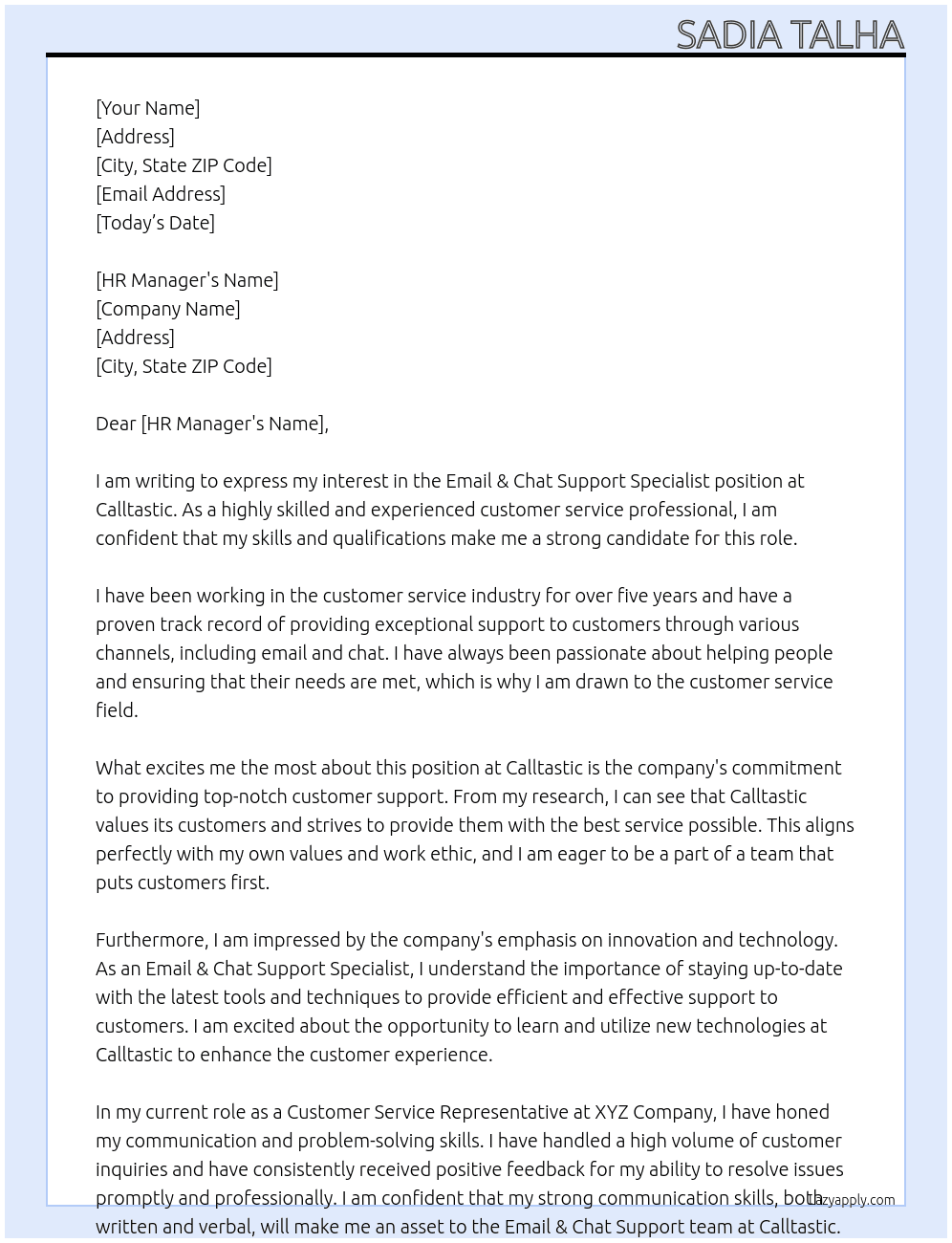 Email & chat support specialist At Calltastic Cover Letter