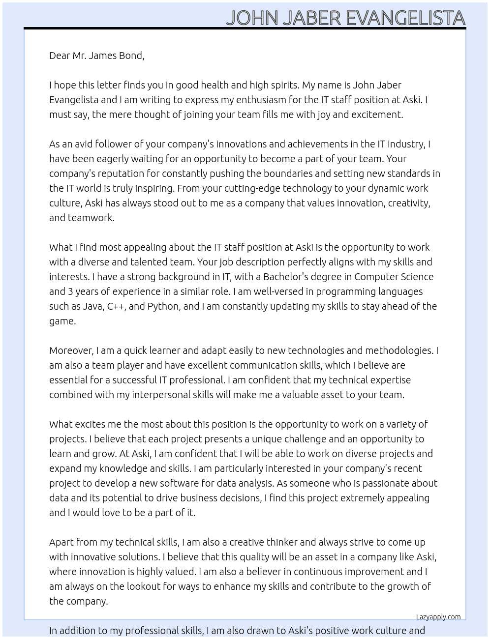 IT staff At Aski Cover Letter