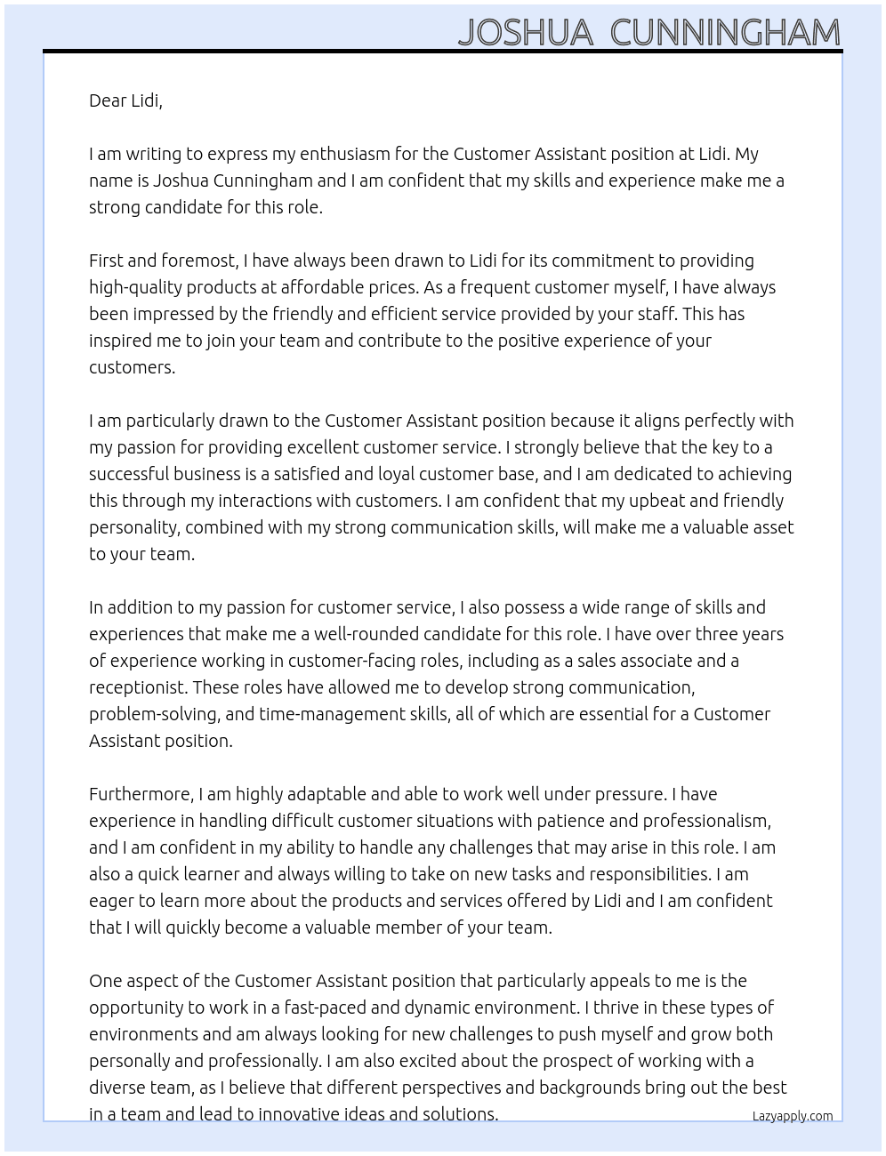 Customer assistant  At Lidi Cover Letter