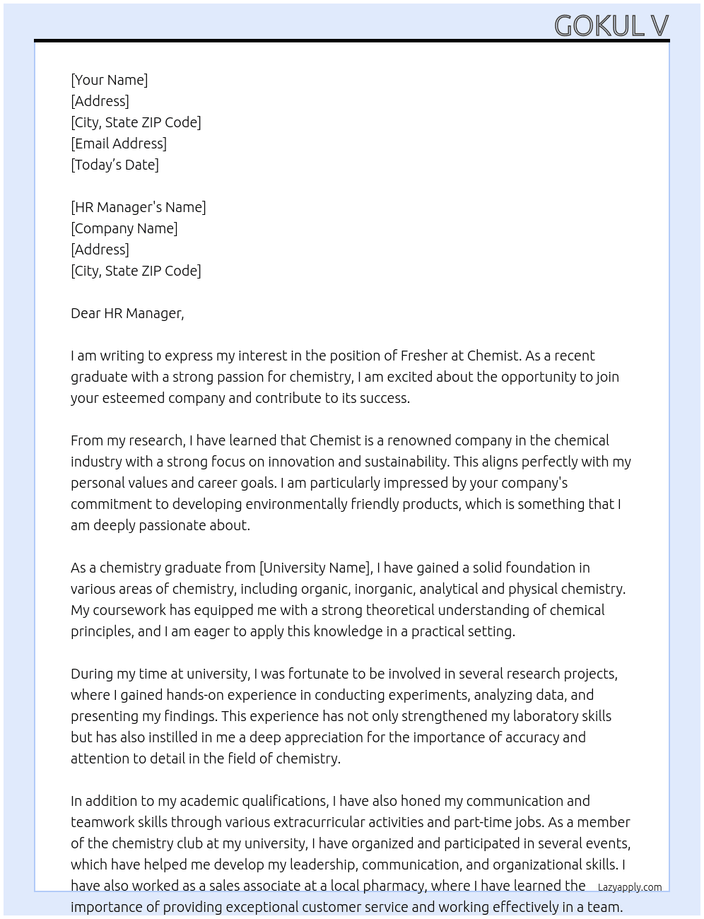 Fresher At Chemist Cover Letter