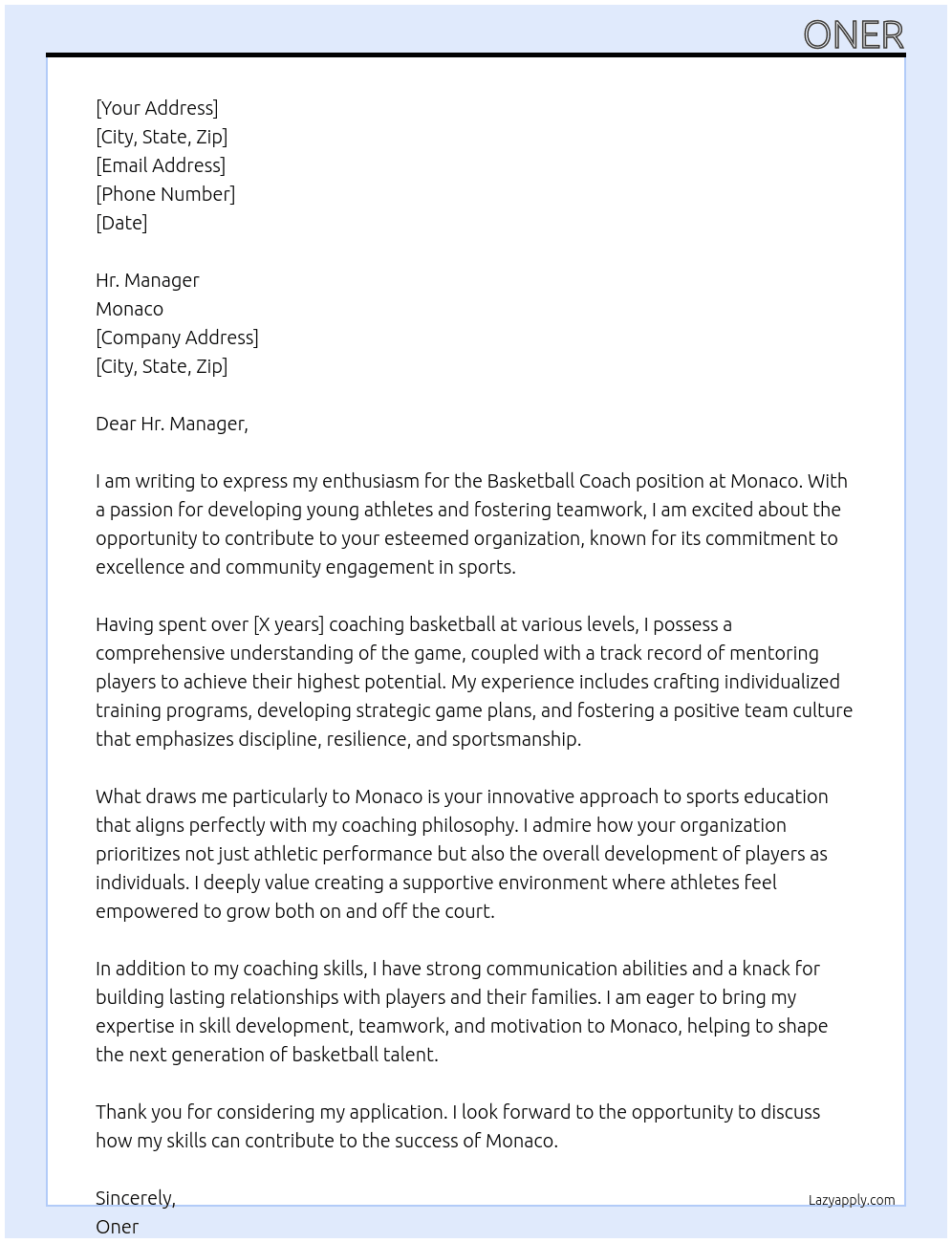 Basketball Coach At Monaco Cover Letter