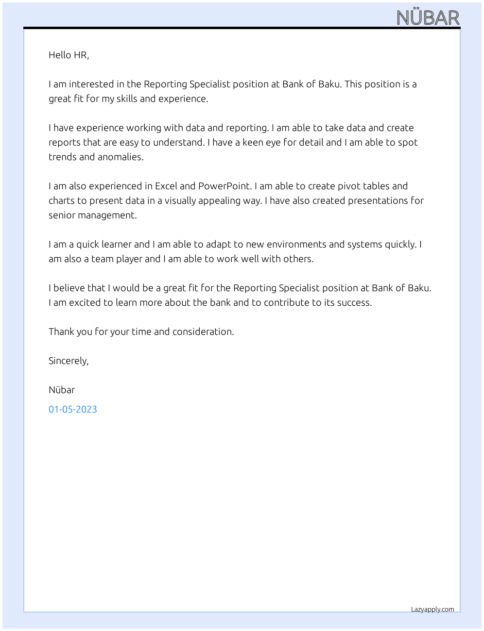Cover letter for reporting specialist - LazyApply