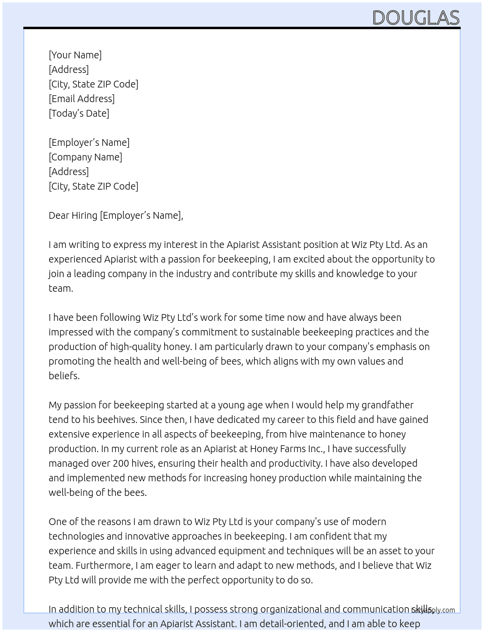 Apiarist Assistant At Wiz Pty Ltd Cover Letter