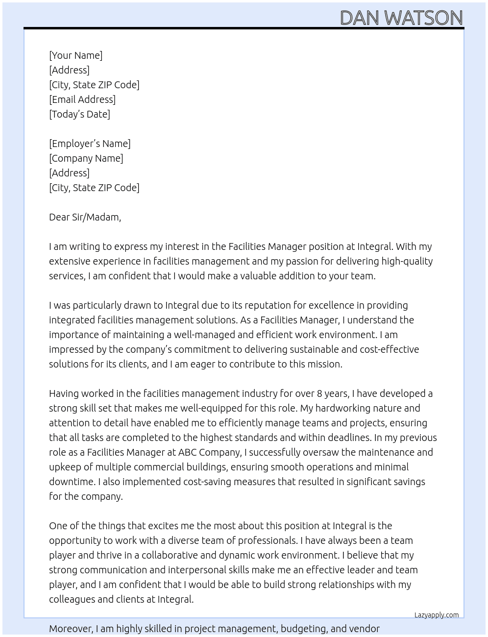Facilities Manager At Integral Cover Letter