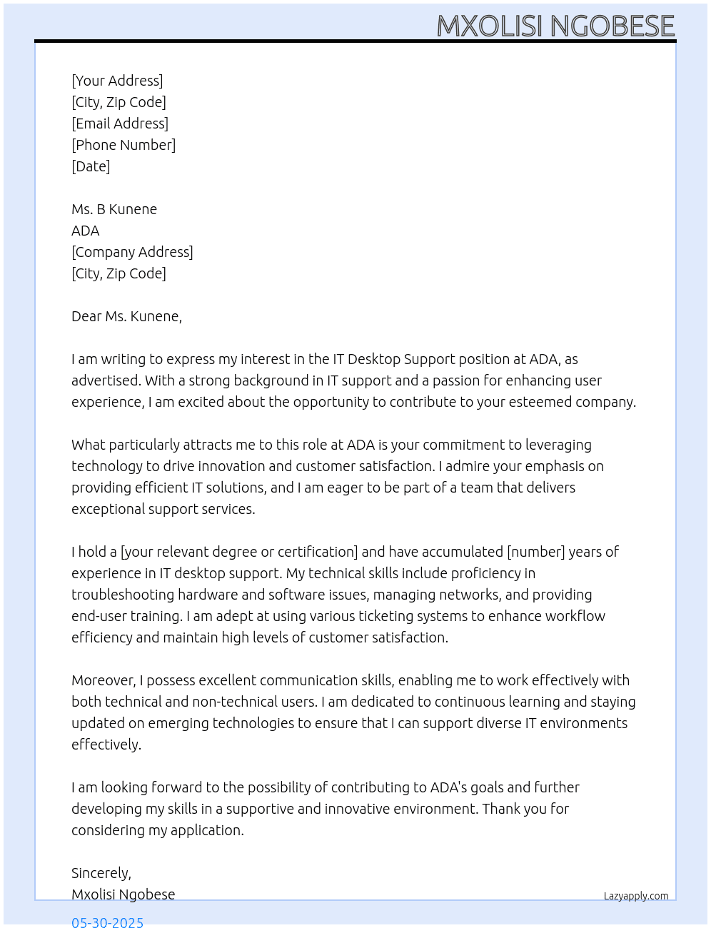 IT desktop support At ADA Cover Letter