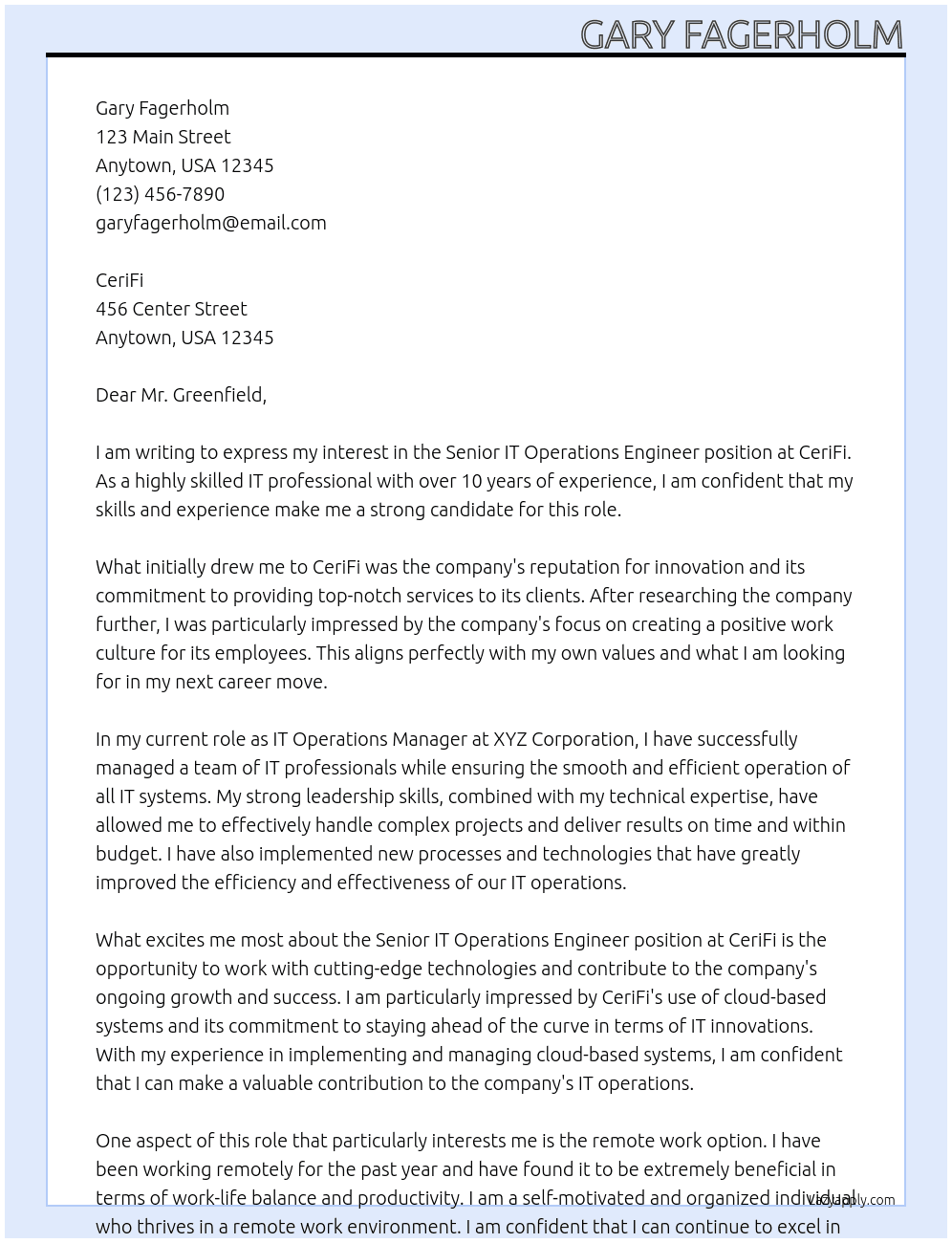 Senior IT Operations Engineer At CeriFi Cover Letter