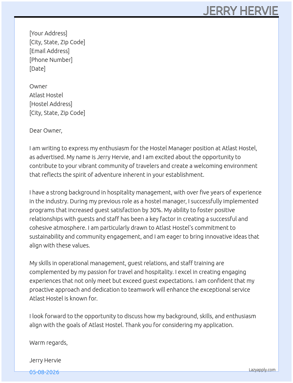 hostel manager  At atlast hostel Cover Letter