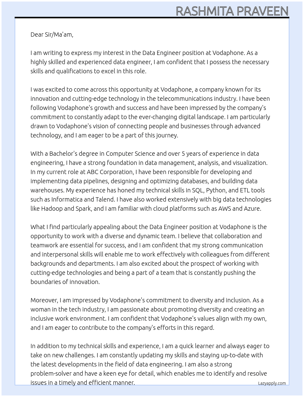 Data Engineer At Vodaphone Cover Letter