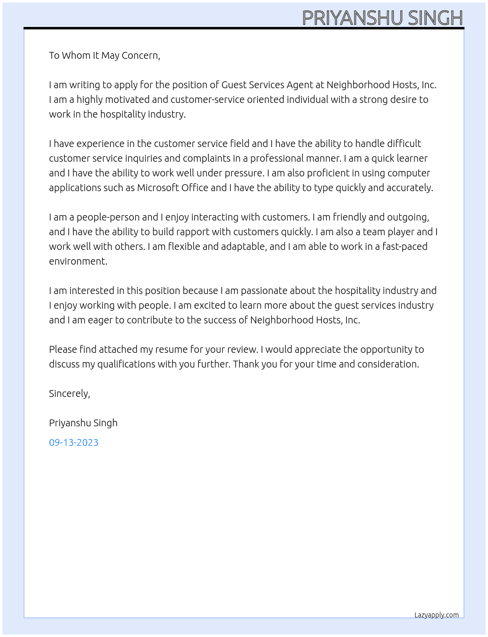 Guest Services Agent At Neighborhood Hosts, Inc Cover Letter