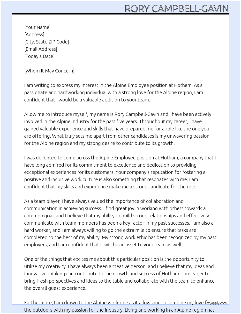 Alpine Employee  At Hotham Cover Letter