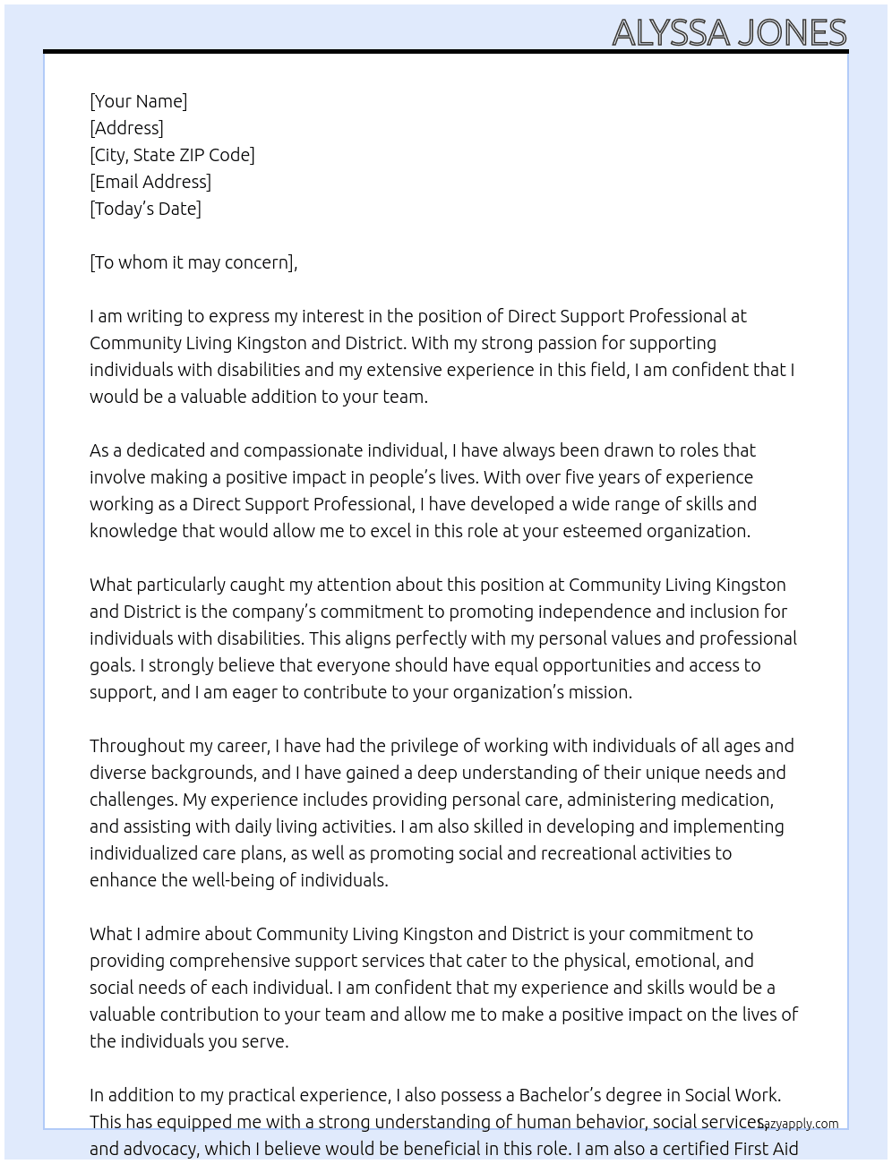 Direct Support Professionals At Community Living Kingston and District Cover Letter