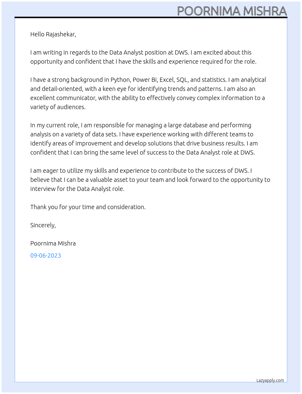Data Analyst  At DWS Cover Letter