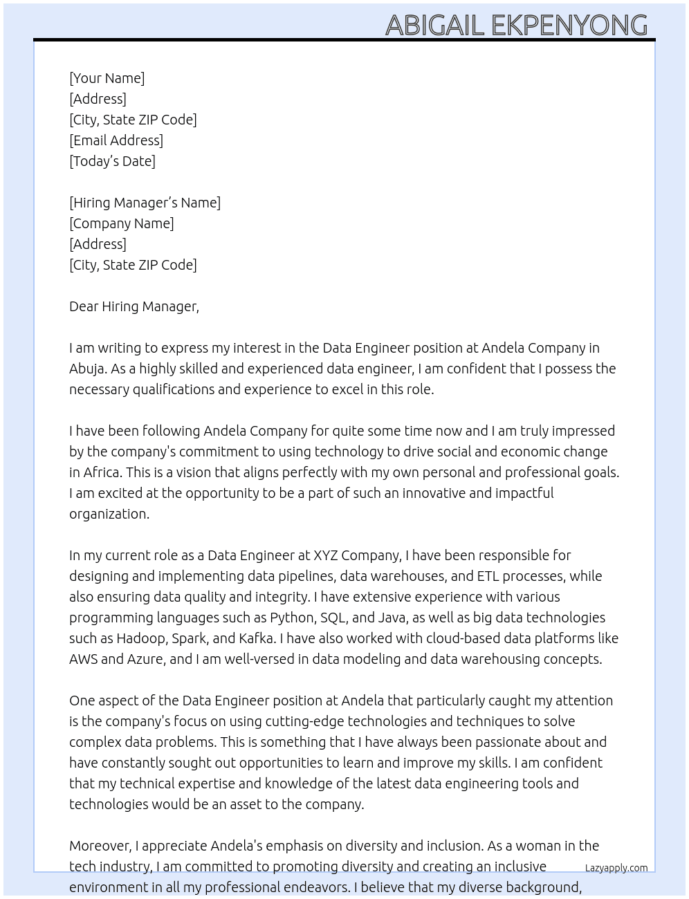 Data Engineer  At Andela Company  Cover Letter