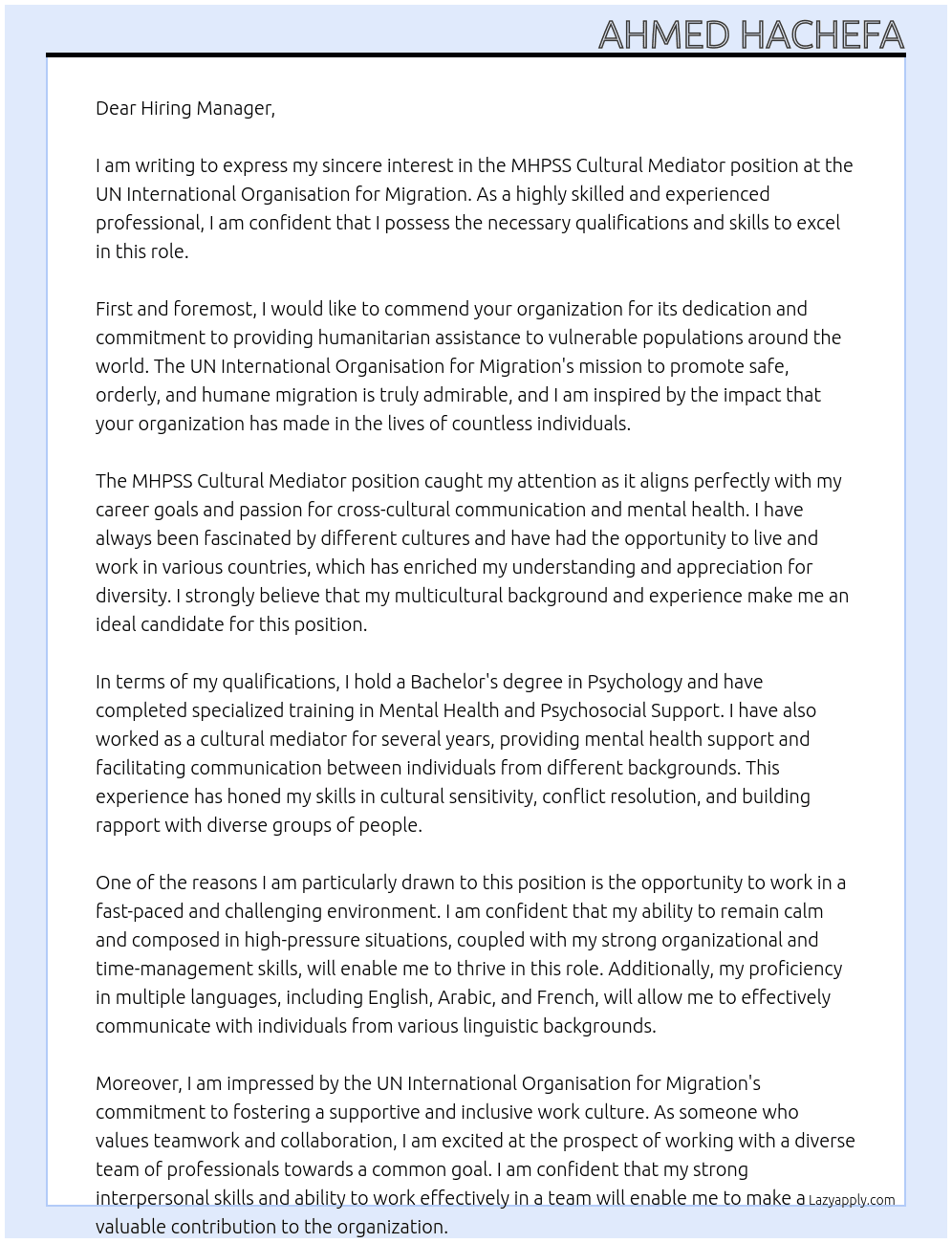 MHPSS Cultural Mediator At UN International Organisation for Migration Cover Letter