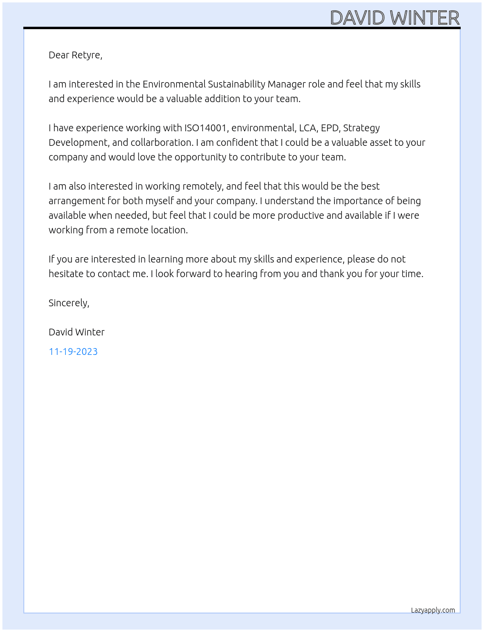 Environmental Sustainability Manager At Retyre Cover Letter