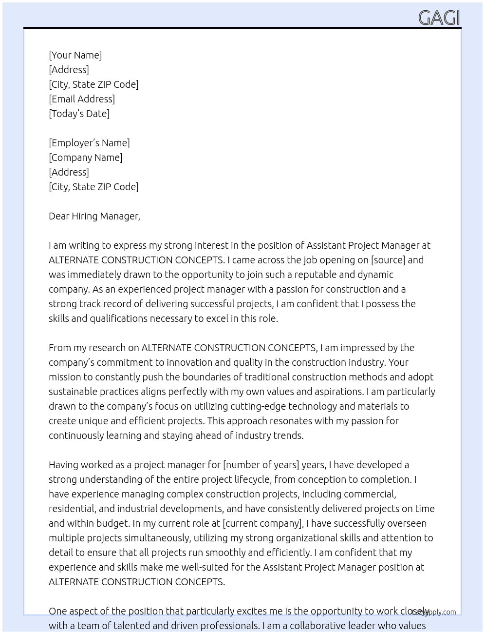 assistant project manager At ALTERNATE CONSTRUCTION CONCEPTS Cover Letter