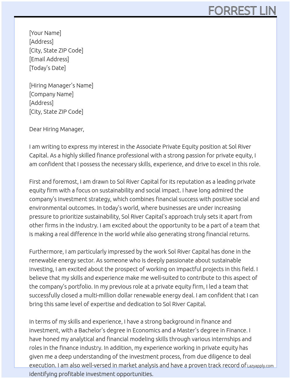 Associate Private Equity At Sol River Capital Cover Letter
