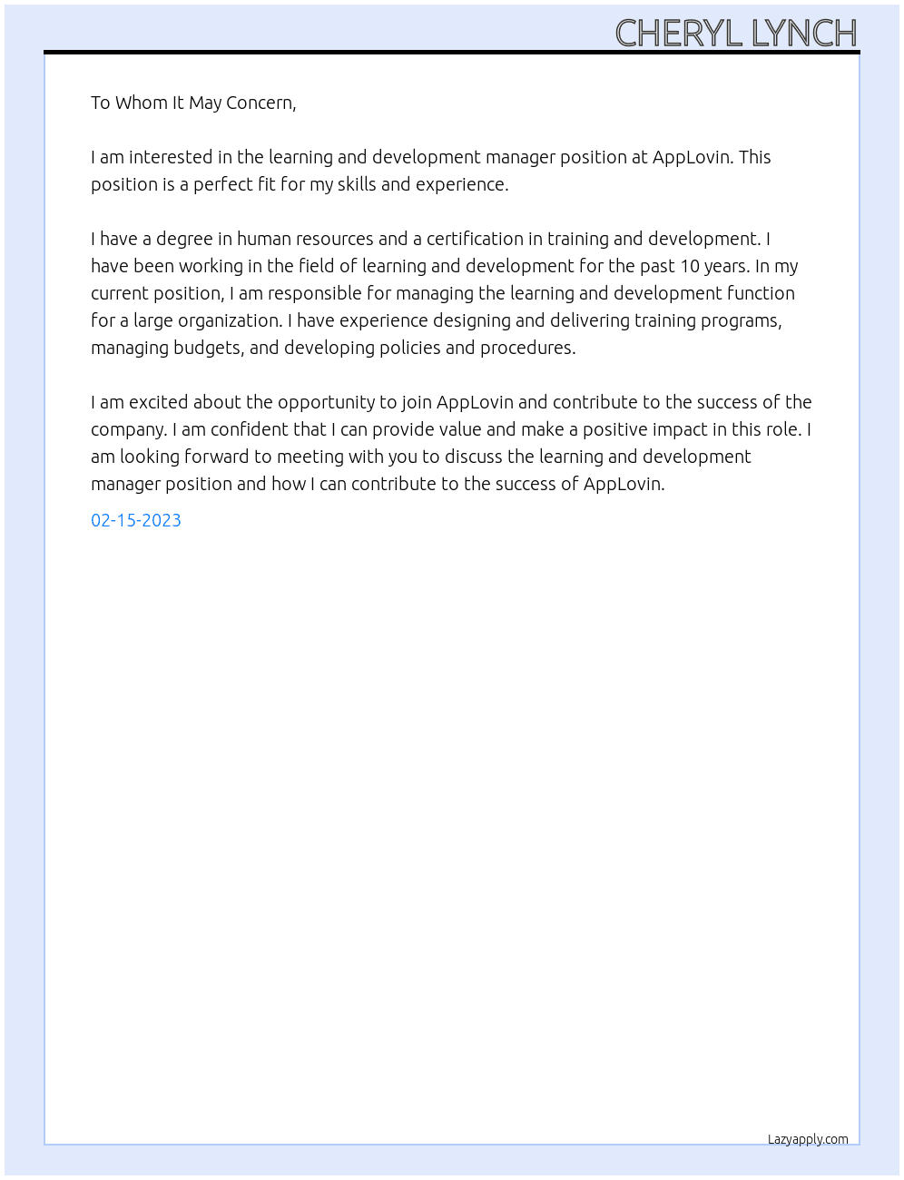 learning and development manager At AppLovin Cover Letter