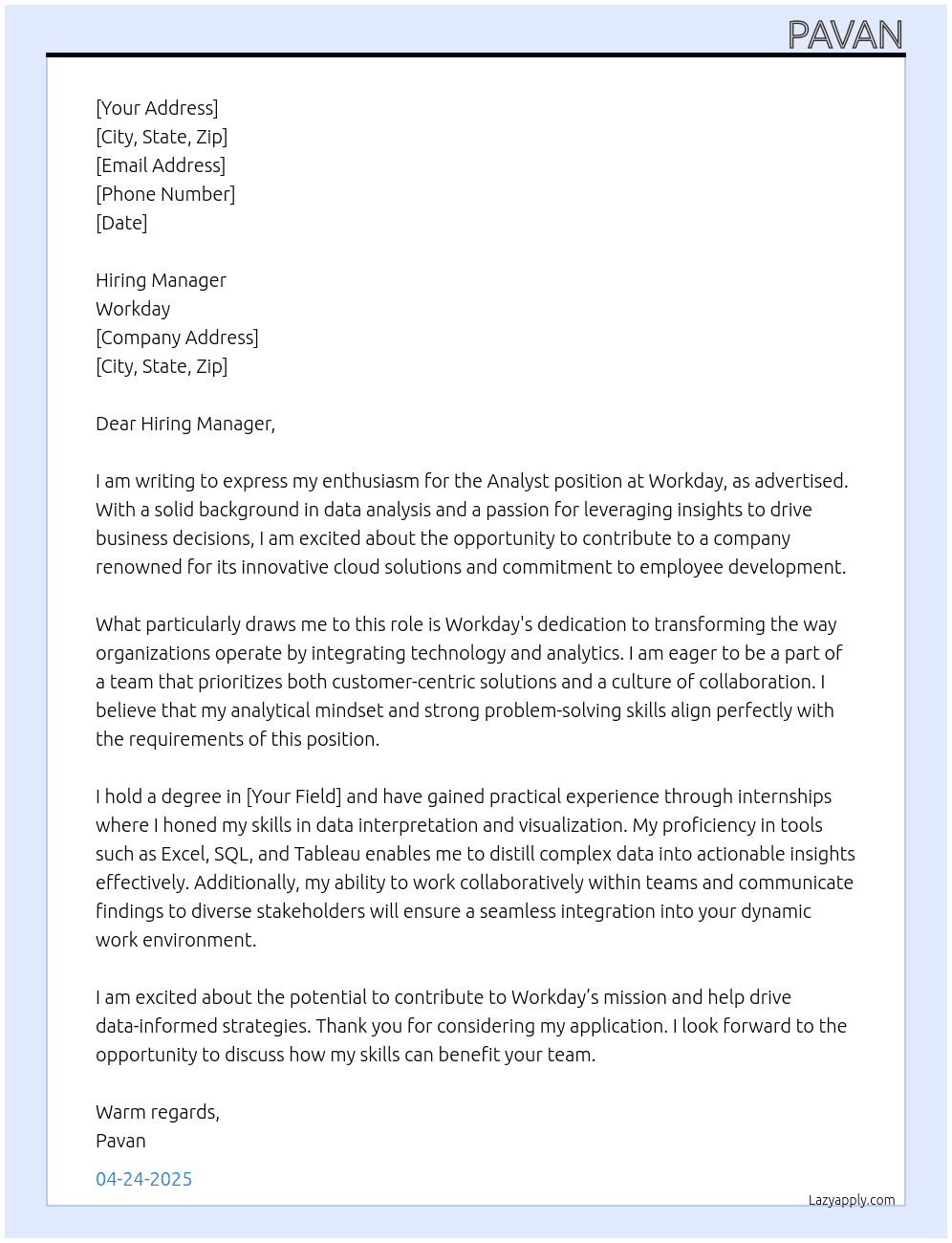Analyst At Workday Cover Letter