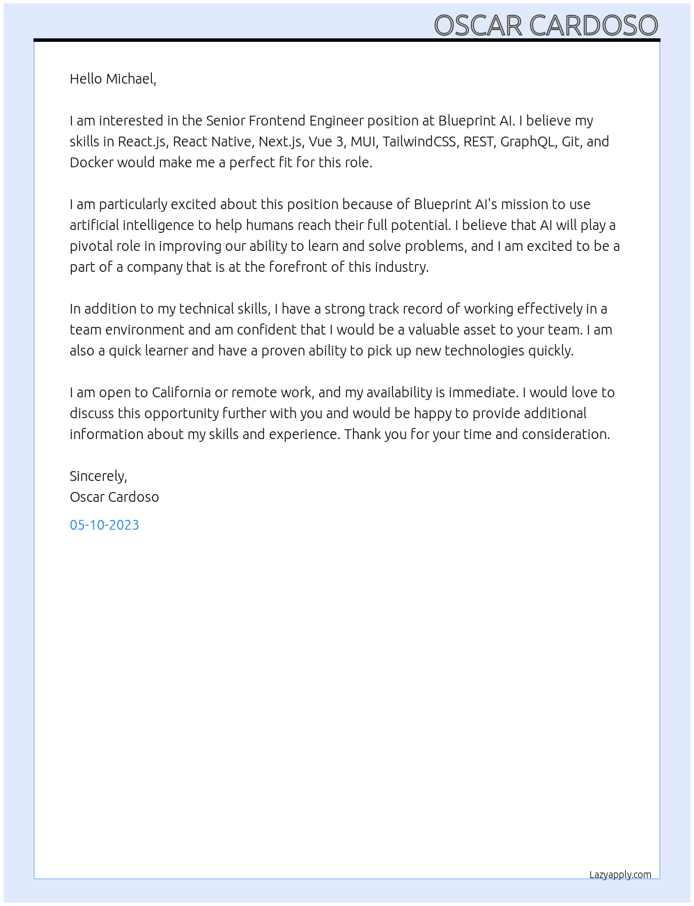 Senior Frontend Engineer At Blueprint AI Cover Letter