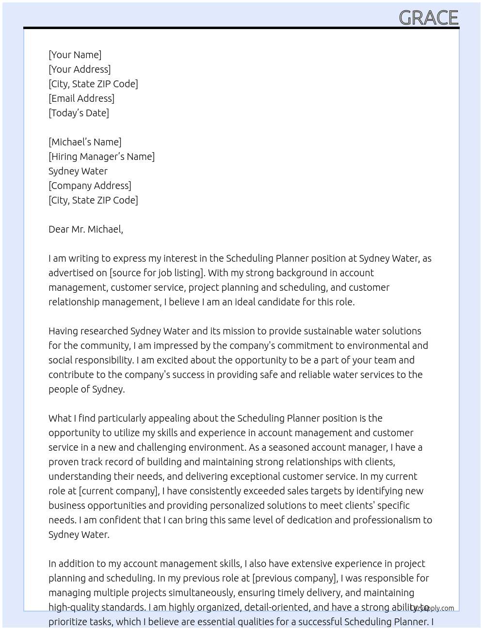 Scheduling Planner  At Sydney Water Cover Letter