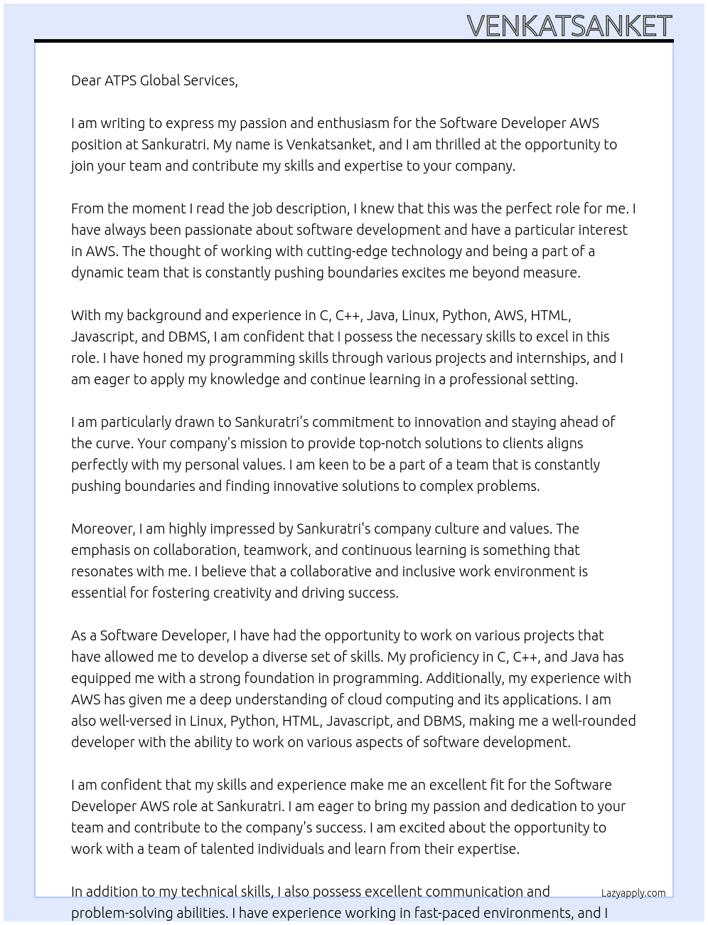 Software Developer AWS At Sankuratri Cover Letter