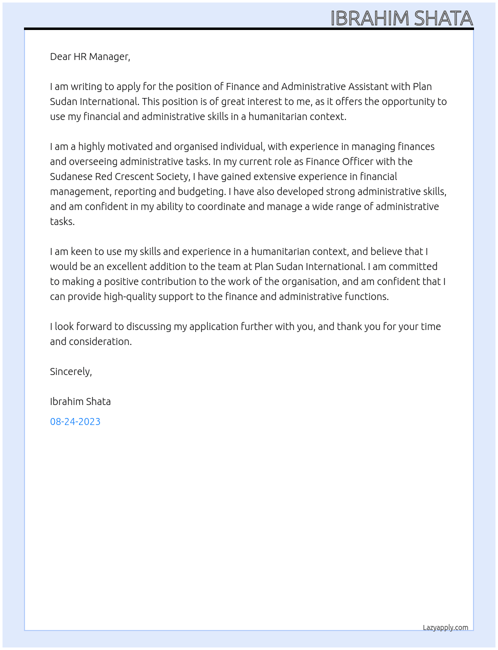 Finance and Administrative Assistant At Plan Sudan International  Cover Letter