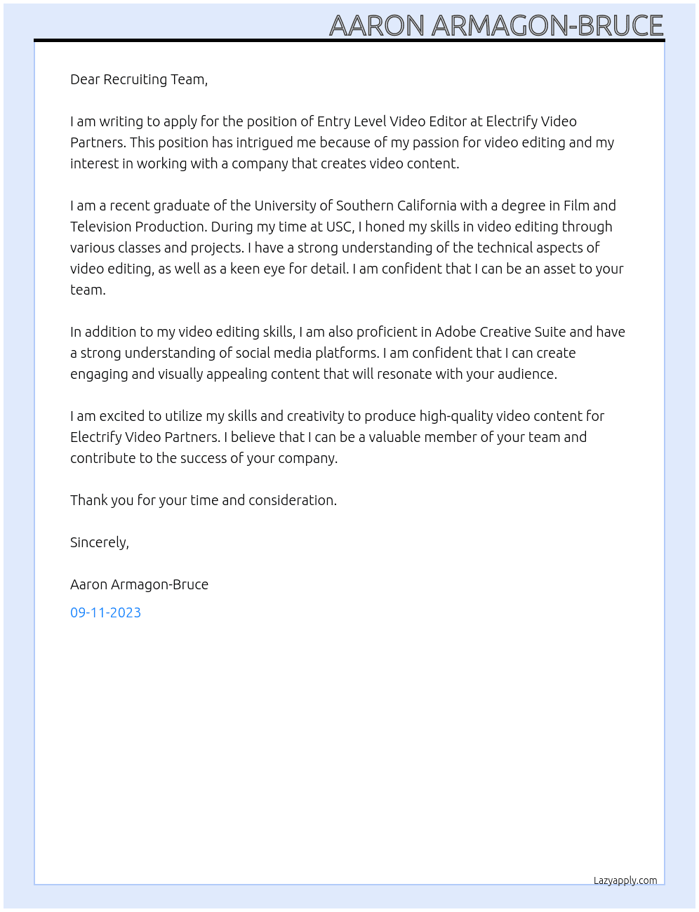 Entry Level Video Editor At Electrify Video Partners Cover Letter