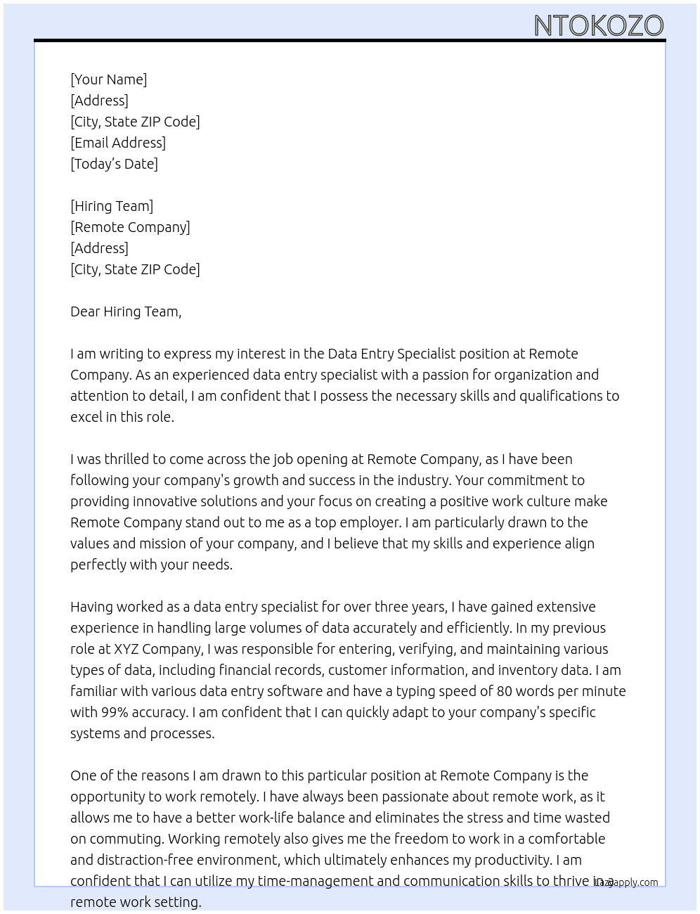 data entry specialist At Remote company  Cover Letter