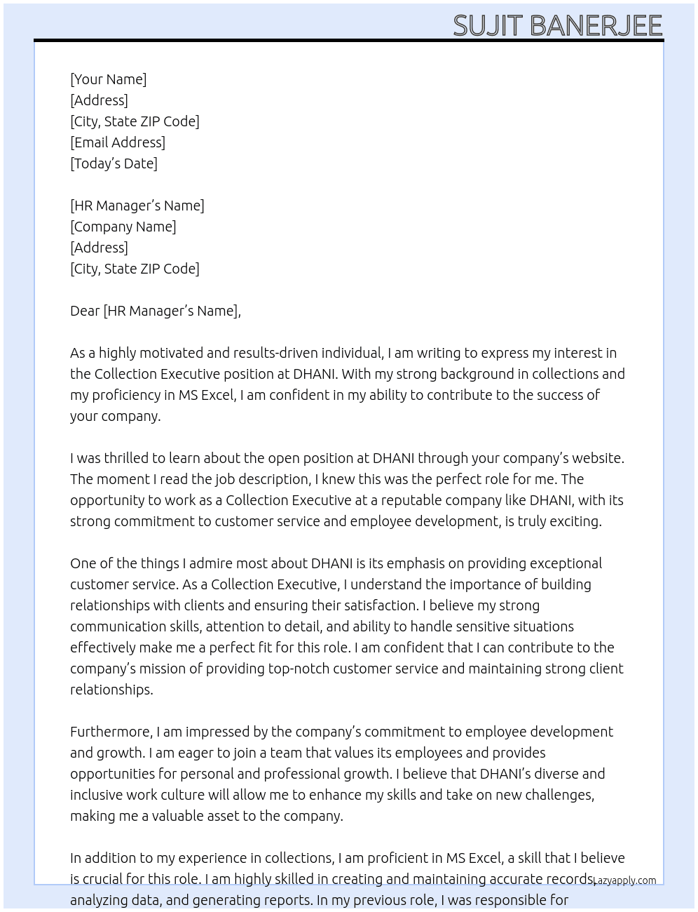Collection executive At DHANI Cover Letter