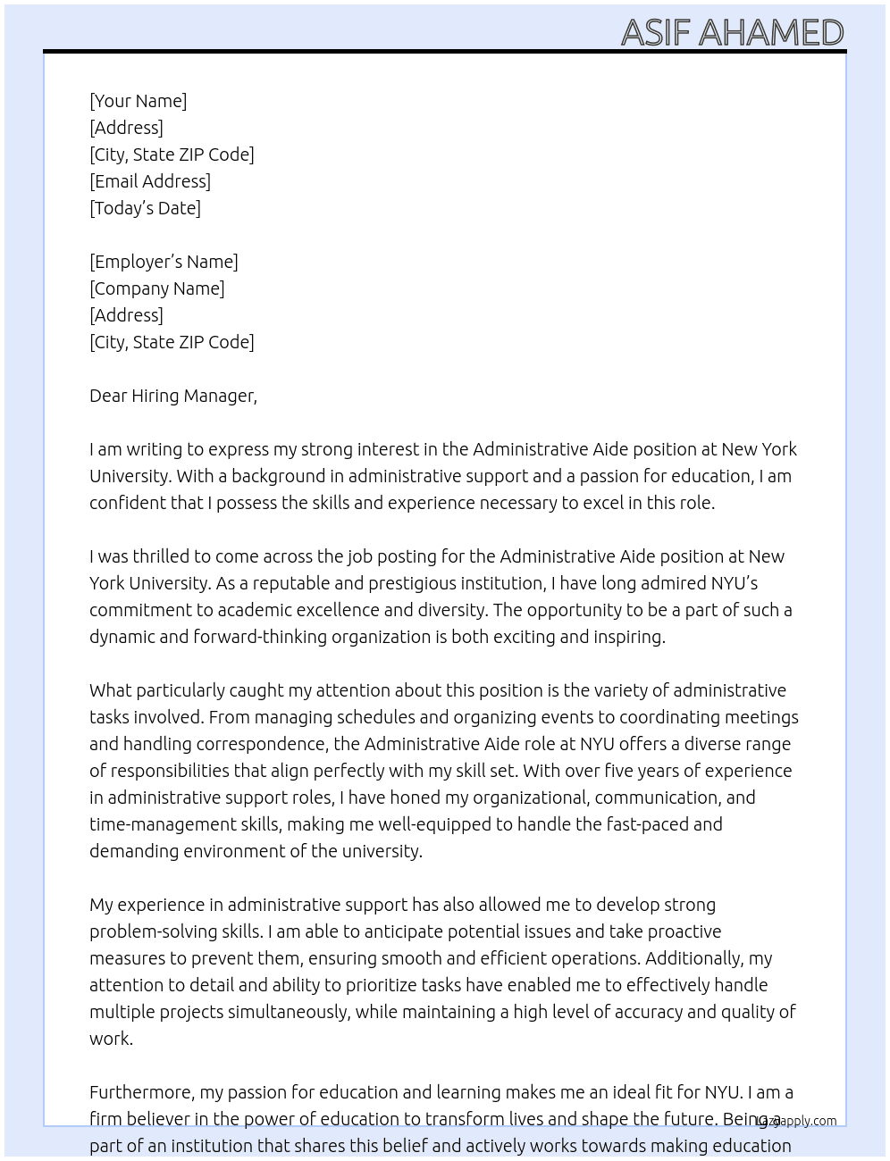 Administrative aide  At New York University  Cover Letter