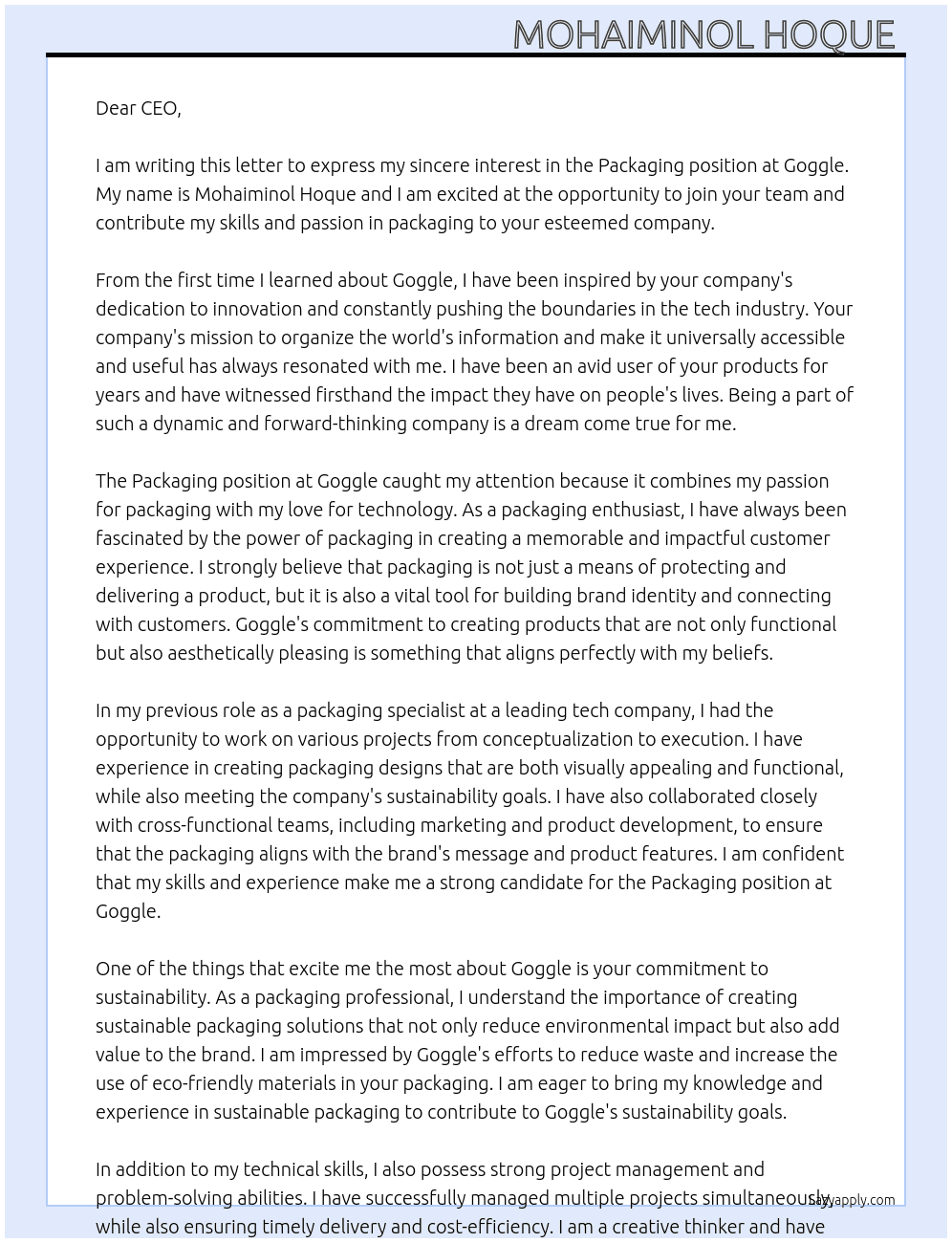 Packaging  At Goggle  Cover Letter