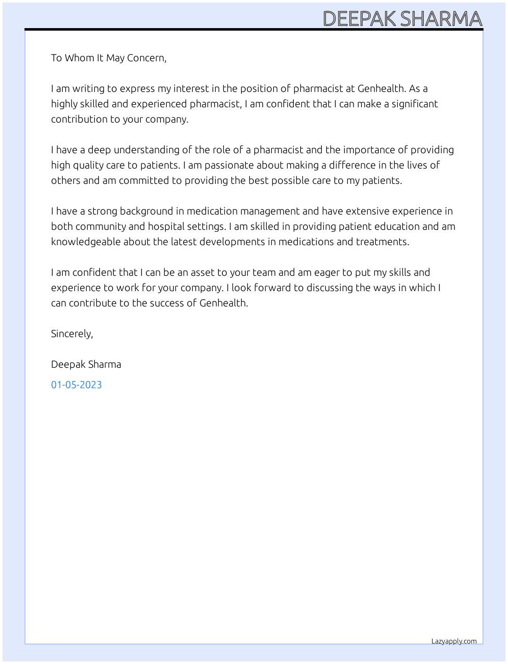 Pharmacist At Genhealth Cover Letter