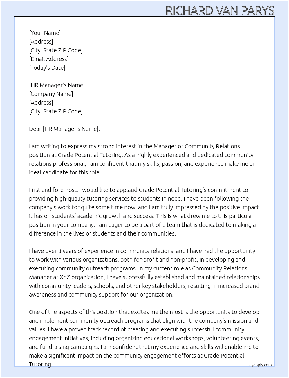 Manager of Community Relations At Grade Potential Tutoring Cover Letter