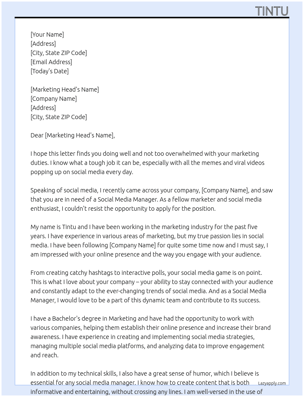 Social Media Manager At foundit Cover Letter