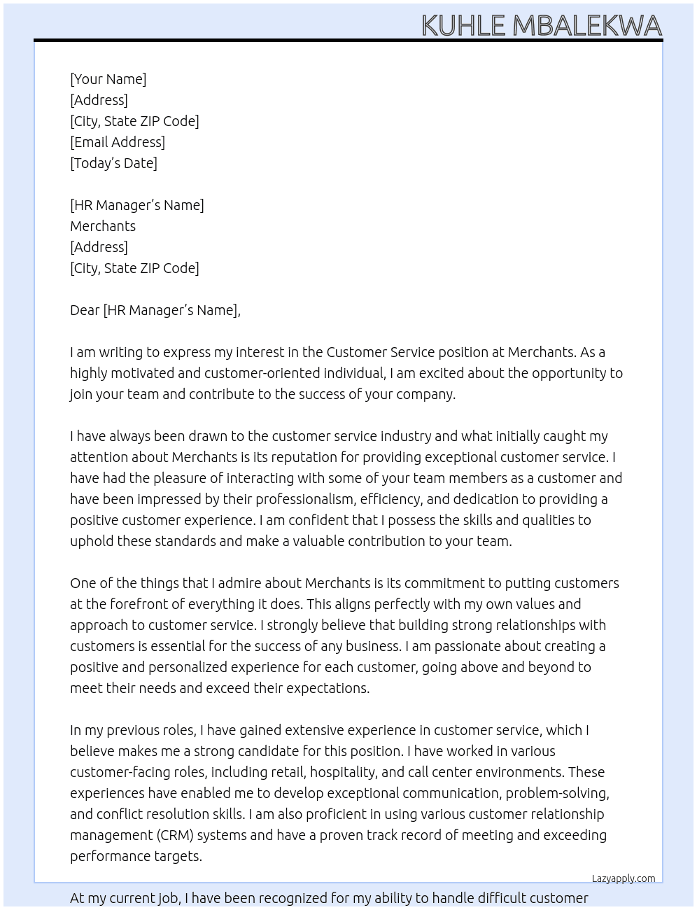 Customer service  At Merchants Cover Letter