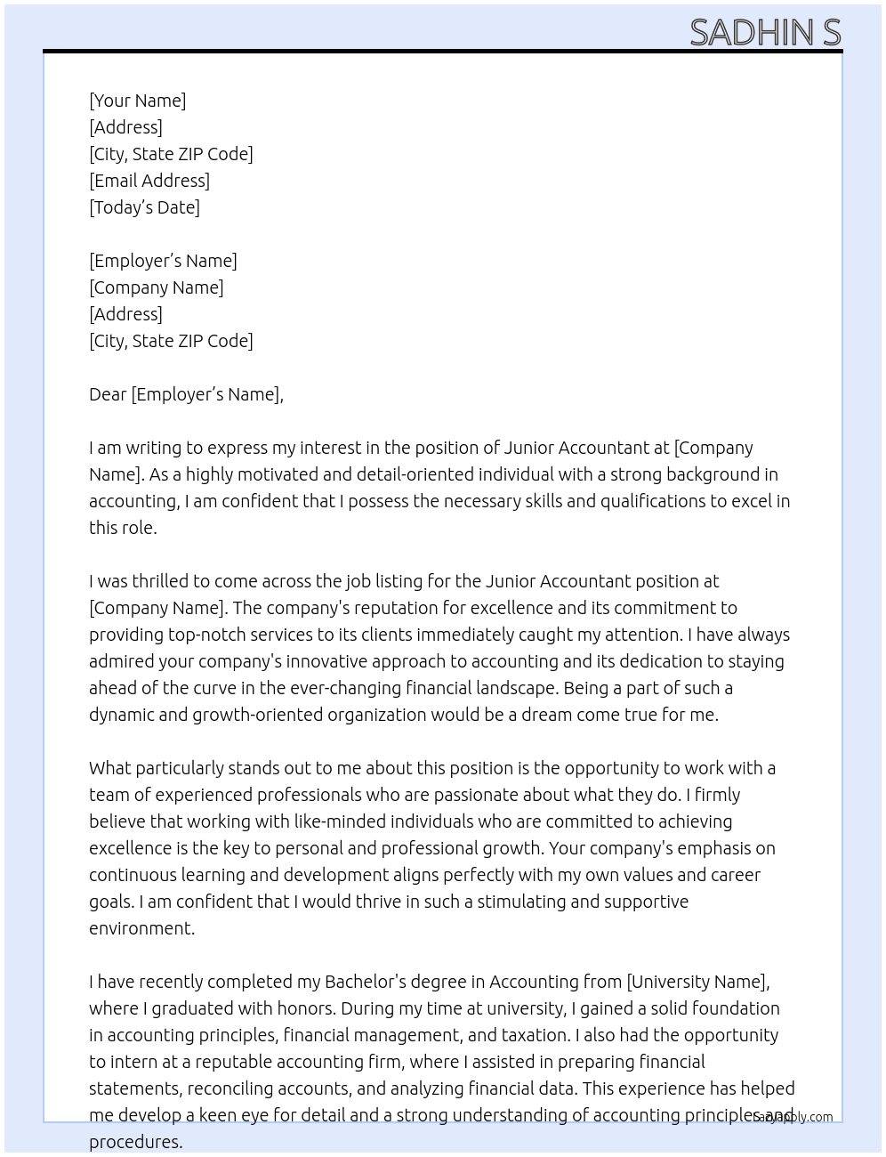 junior accountant At new company Cover Letter
