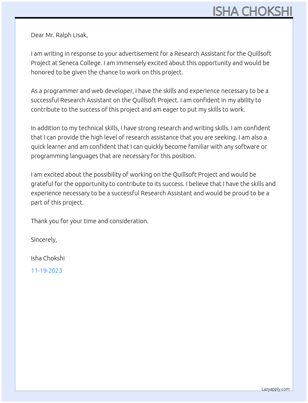 Research Assistant - Quillsoft Project (Programming/Web Development) At Seneca College - Applied Research and Innovation Cover Letter
