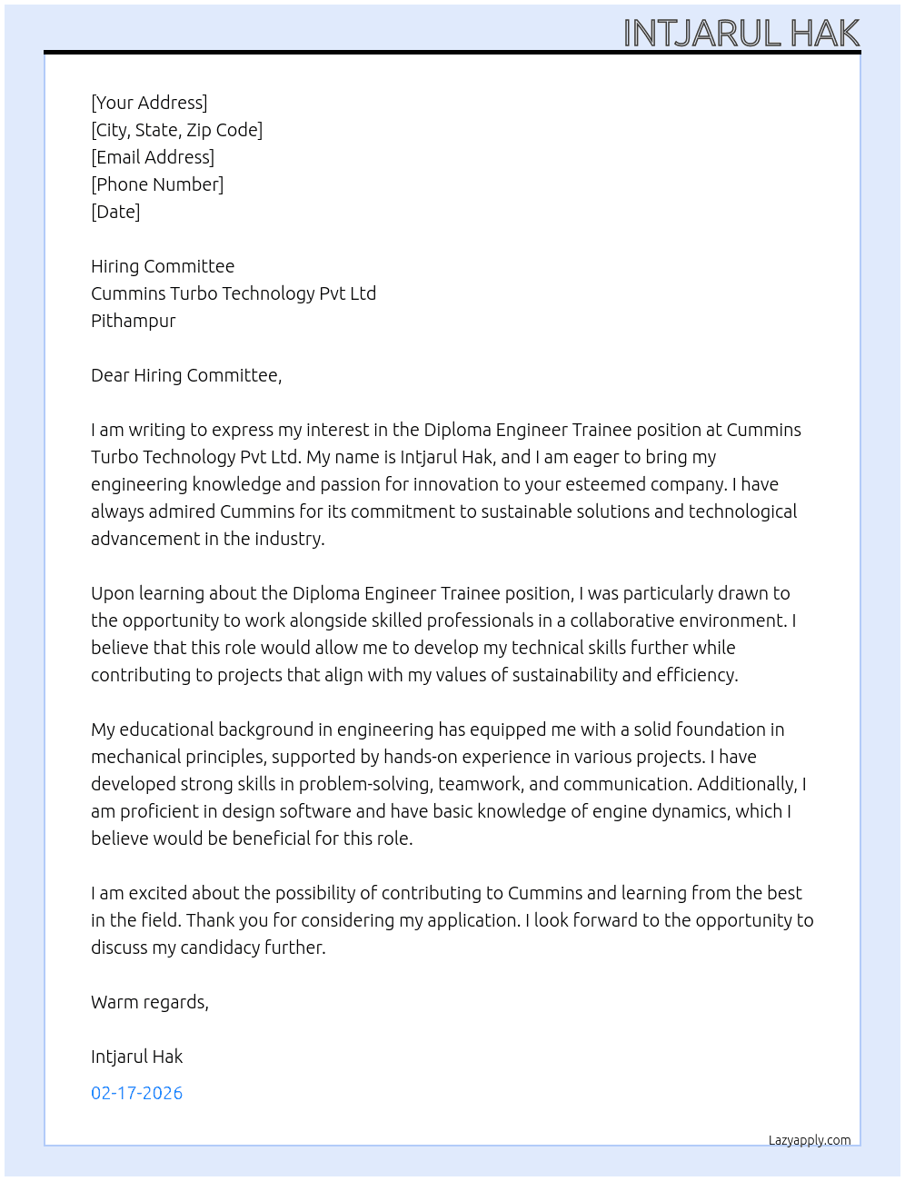 Diploma engineer trainee  At Cummins turbo technology pvt Ltd pithampur  Cover Letter