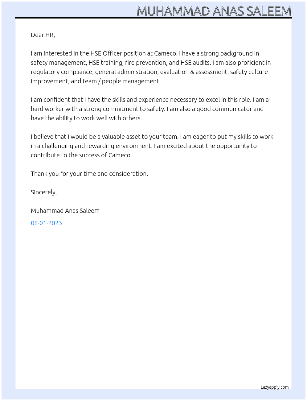 HSE Officer At Cameco  Cover Letter