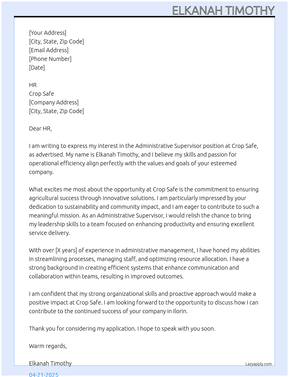 Administrative Supervisor At Crop Safe Cover Letter