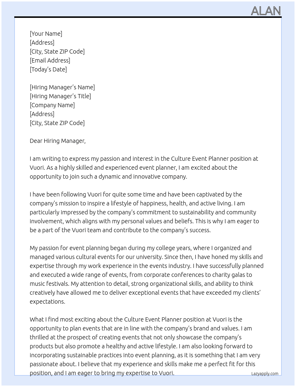 Cuture Event Planner At Vuori Cover Letter