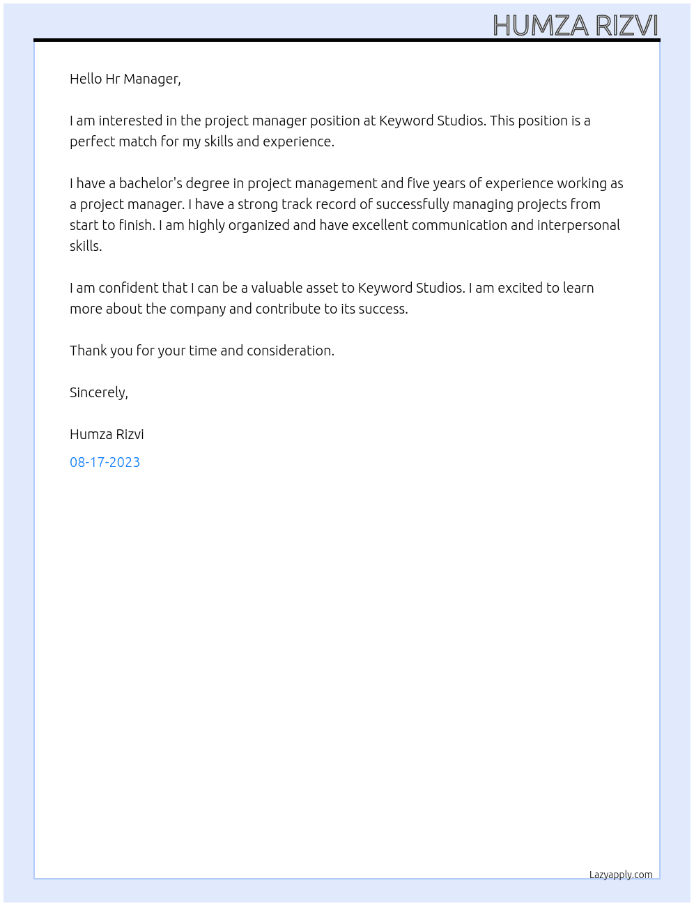 project manager At Keyword Studios Cover Letter