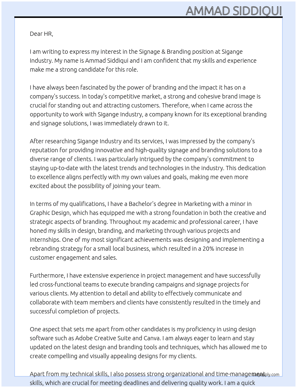 Signage & Branding  At Sigange Industry Cover Letter