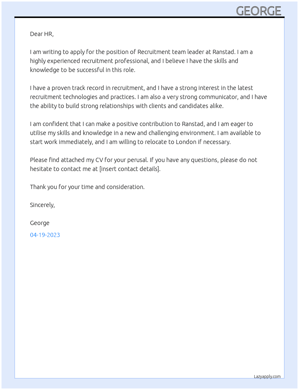 Recruitment team leader At Ranstad Cover Letter