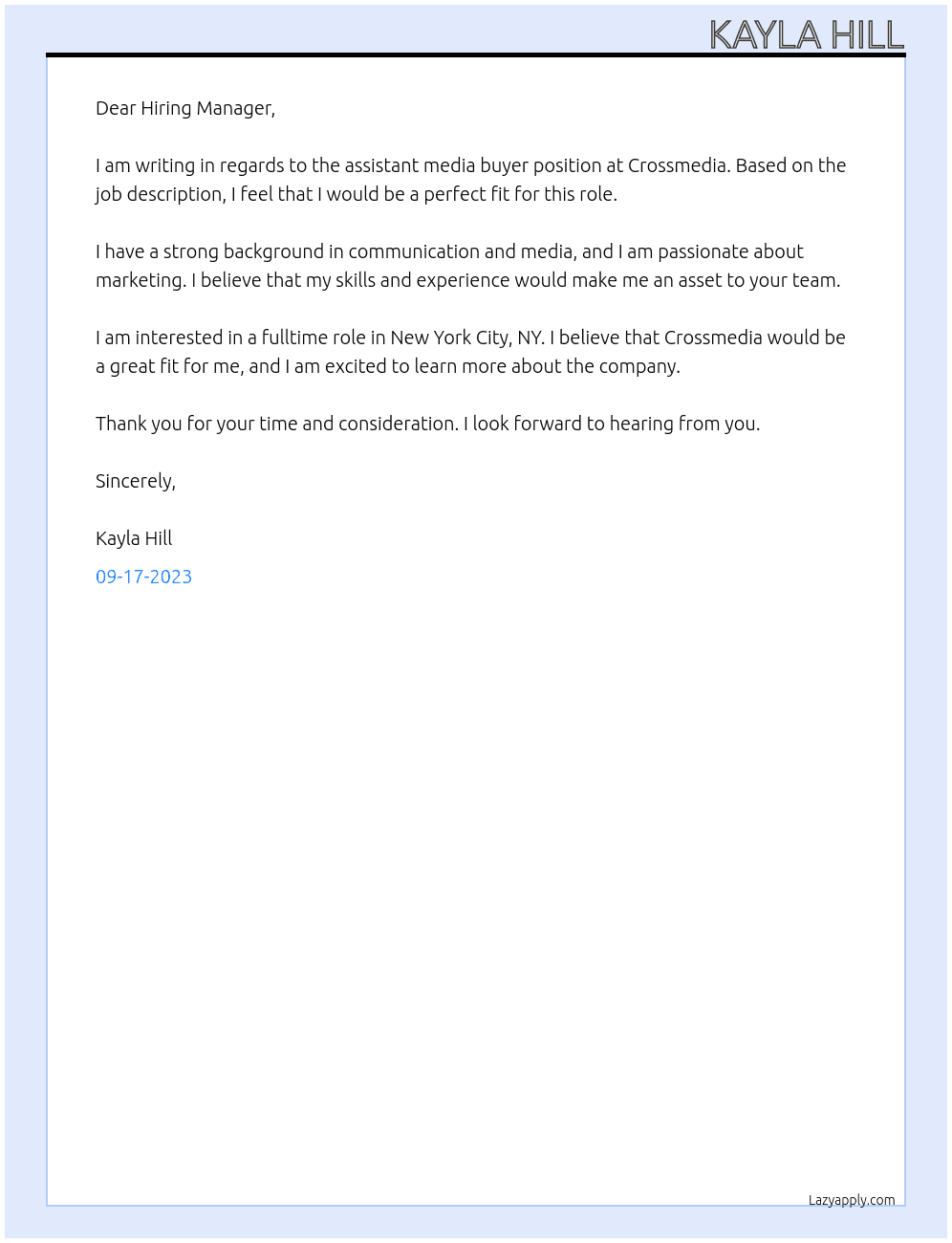 Assistant Media Buyer At Crossmedia Cover Letter