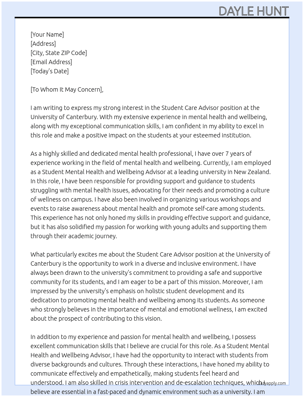 Student Care Advisor At University of Canterbury Cover Letter