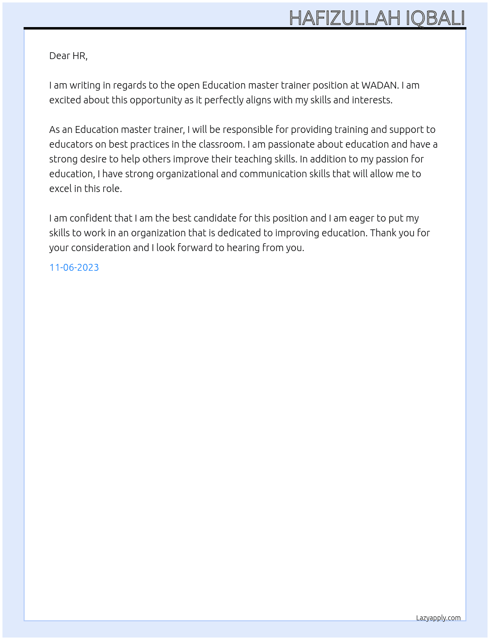 Education master trainer At WADAN Cover Letter