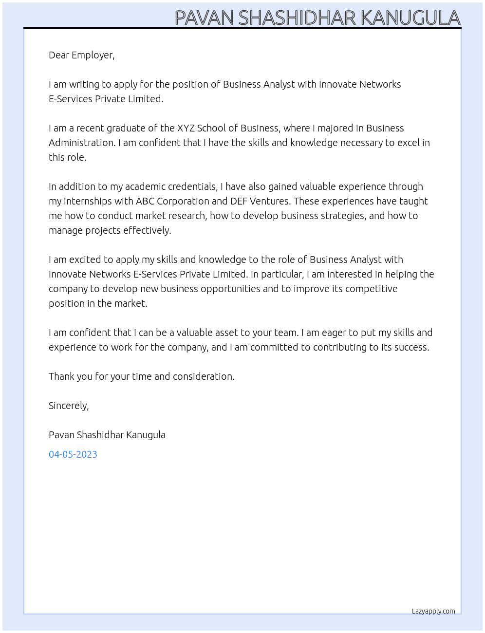 Business Analyst At Innovate Networks E-Services Private Limited Cover Letter